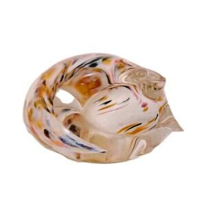Vintage Pink Orange Black Spotted Sleeping Cat Art Glass Paperweight Signed GB